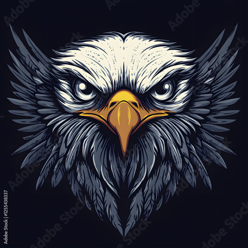 Eagle head illustration, detailed animal artwork, powerful bird logo, majestic hawk design, aggressive falcon emblem, sharp eyes, bold graphic, wildlife tattoo concept photo