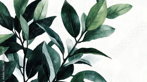 Dark Green and White Watercolor Leaves on White Background