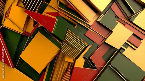 Abstract geometric composition featuring red, yellow, green, and gold tones arranged in a modern style
