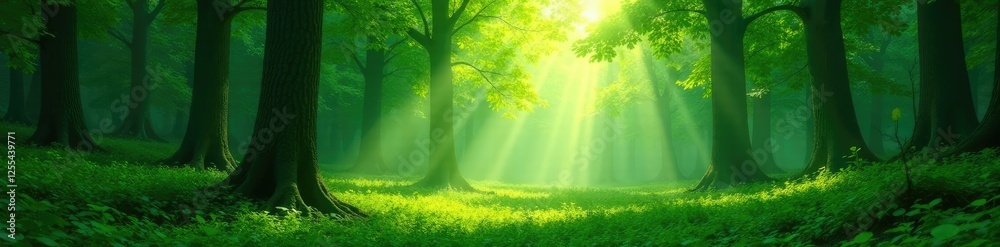 Fototapeta premium Emerald forest with sunlight peeking through trees, nature, foliage, dappled