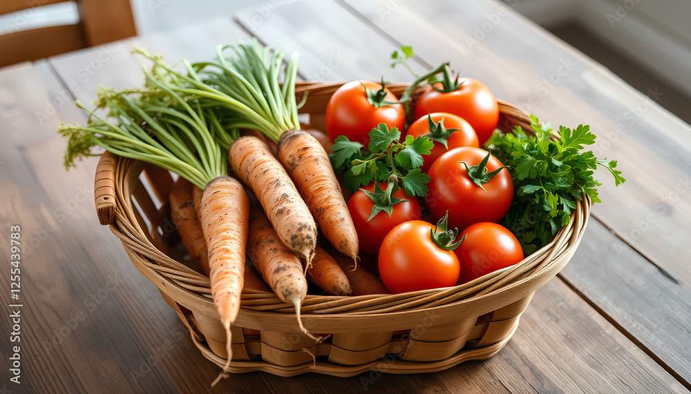 A wooden basket filled with freshly harvested organic vegetables A wooden basket filled with freshly harvested organic vegetables