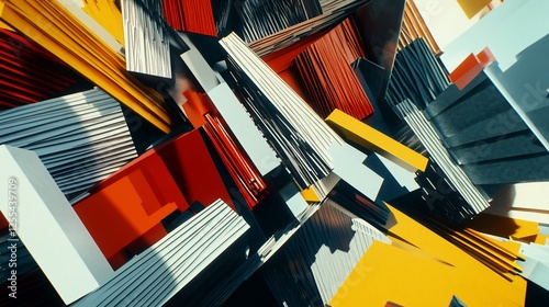 Dynamic abstract composition of geometric forms in vibrant colors and sharp angles