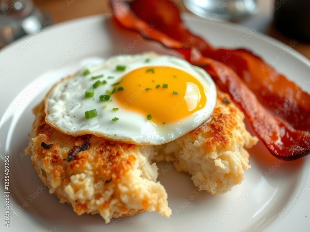 Crab cakes, egg & bacon on a plate for a seafood breakfast feast Crab cakes, egg & bacon on a plate for a seafood breakfast feast