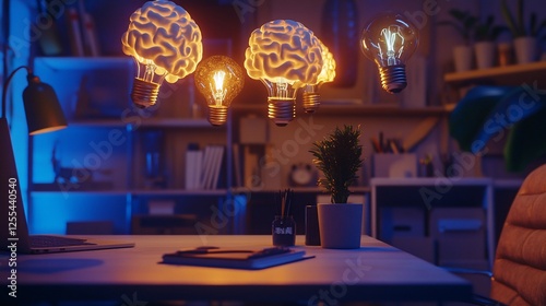 Creative workspace with brain-shaped light bulbs, symbolizing innovative ideas and inspiration at a desk