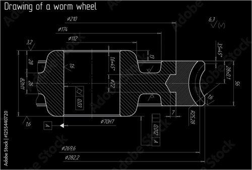 Assembly drawing of worm wheel of electrical reducer.
Vector design of steel mechanical device with dimension lines.
Engineering technic computer cad scheme on 
paper sheet. Hand drawn pencil sketch.
