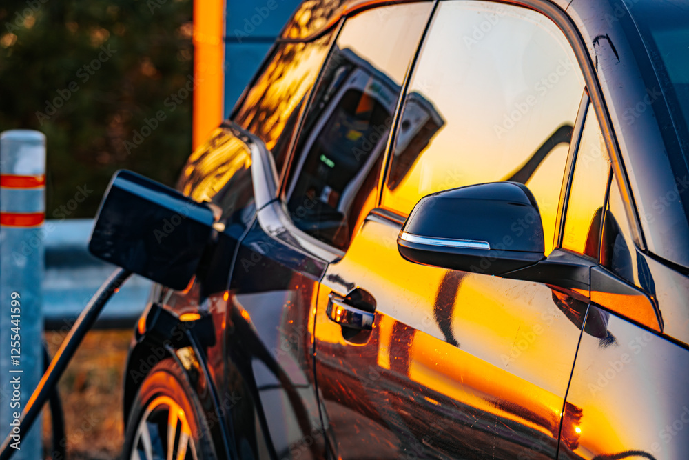 A close-up of an electric vehicle plugged into a charging station, with a beautiful sunset reflecting on its glossy black surface. A symbol of sustainable transportation and clean energy. A close-up of an electric vehicle plugged into a charging station, with a beautiful sunset reflecting on its glossy black surface. A symbol of sustainable transportation and clean energy.