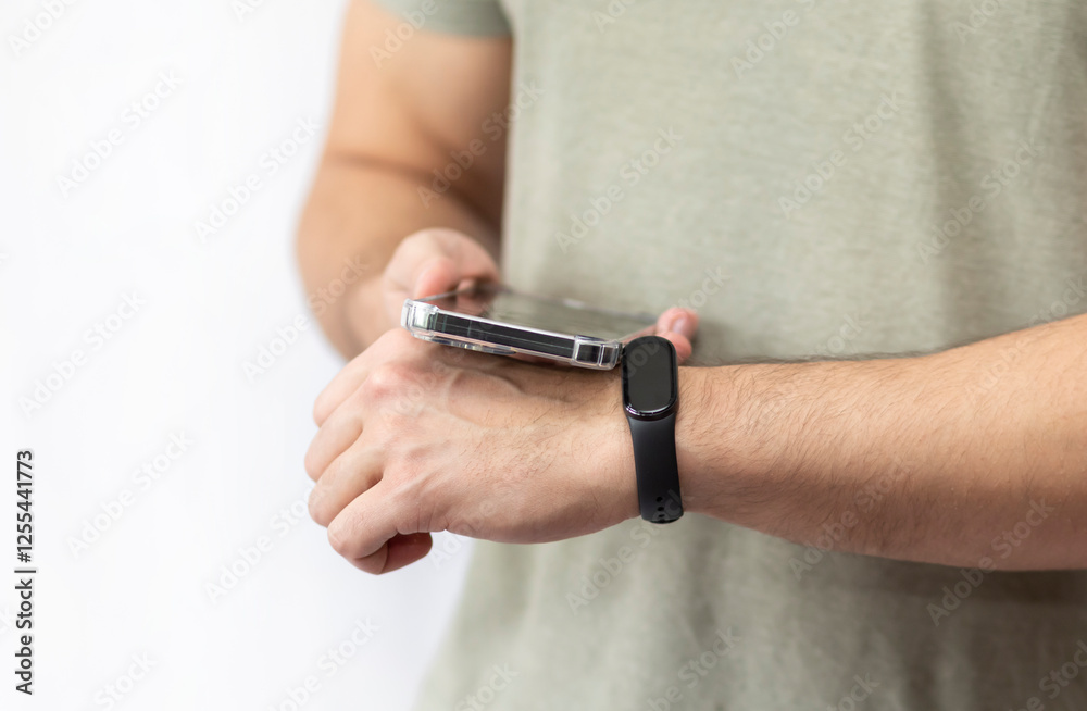 Fototapeta premium Close-up shot of man with smart band using smartphone isolated on white background