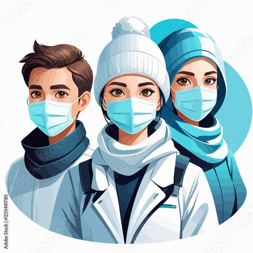 People wearing medical masks,3D vector illustration.	
