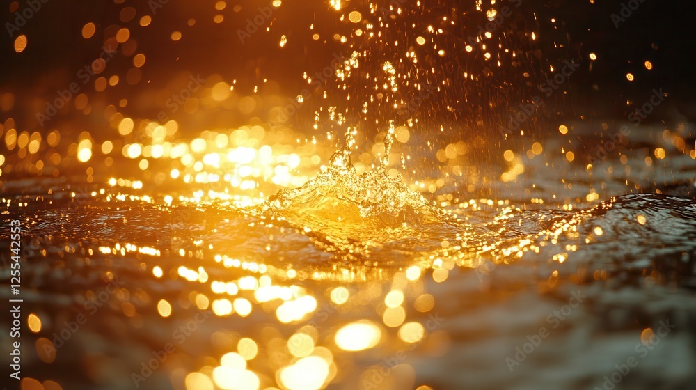 Naklejka premium Golden water splash, dark background, bokeh lights, abstract