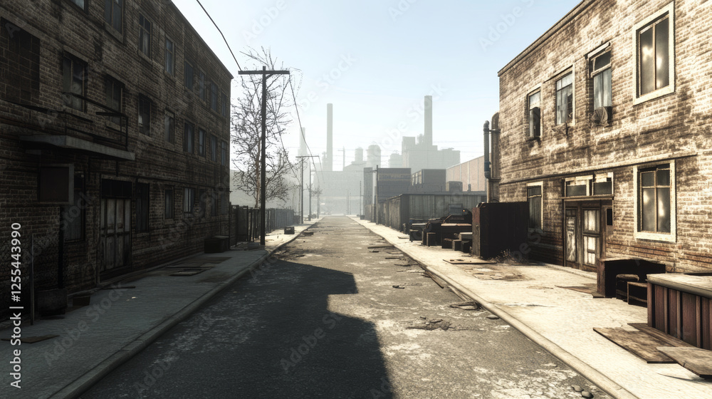 Obraz premium desolate industrial street with abandoned buildings, rusting machinery, and bleak atmosphere.