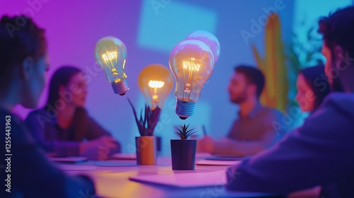 Creative Team Meeting with Floating Light Bulbs at Modern Desk Under Neon Lights