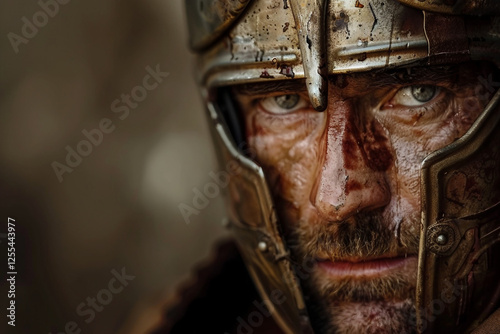 Wallpaper Mural Generative AI image of a fierce ancient gladiator in battle-worn armor and helmet, inspired by Greek warriors Torontodigital.ca