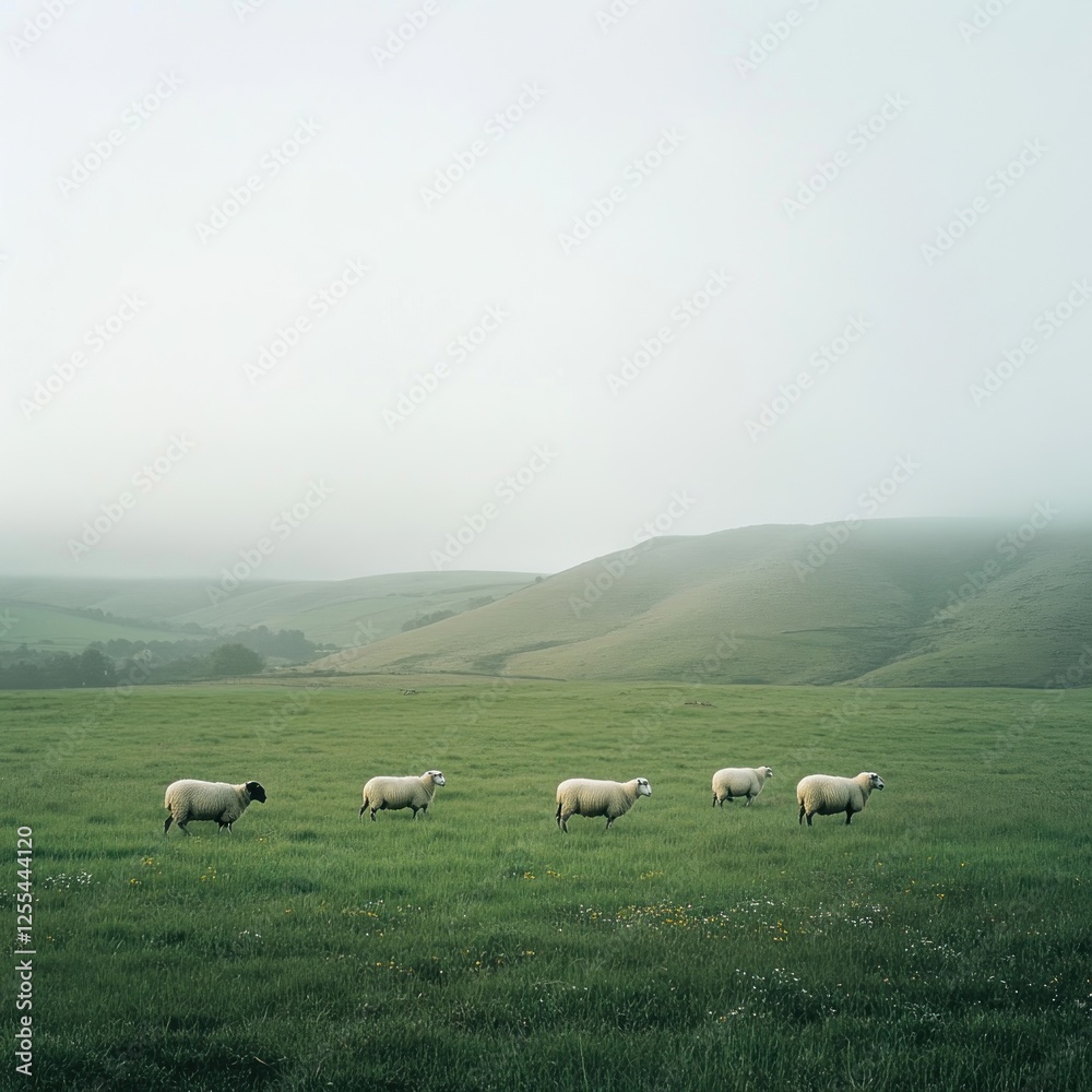 Sheep grazing in misty green field, rolling hills background; pastoral scene Sheep grazing in misty green field, rolling hills background; pastoral scene