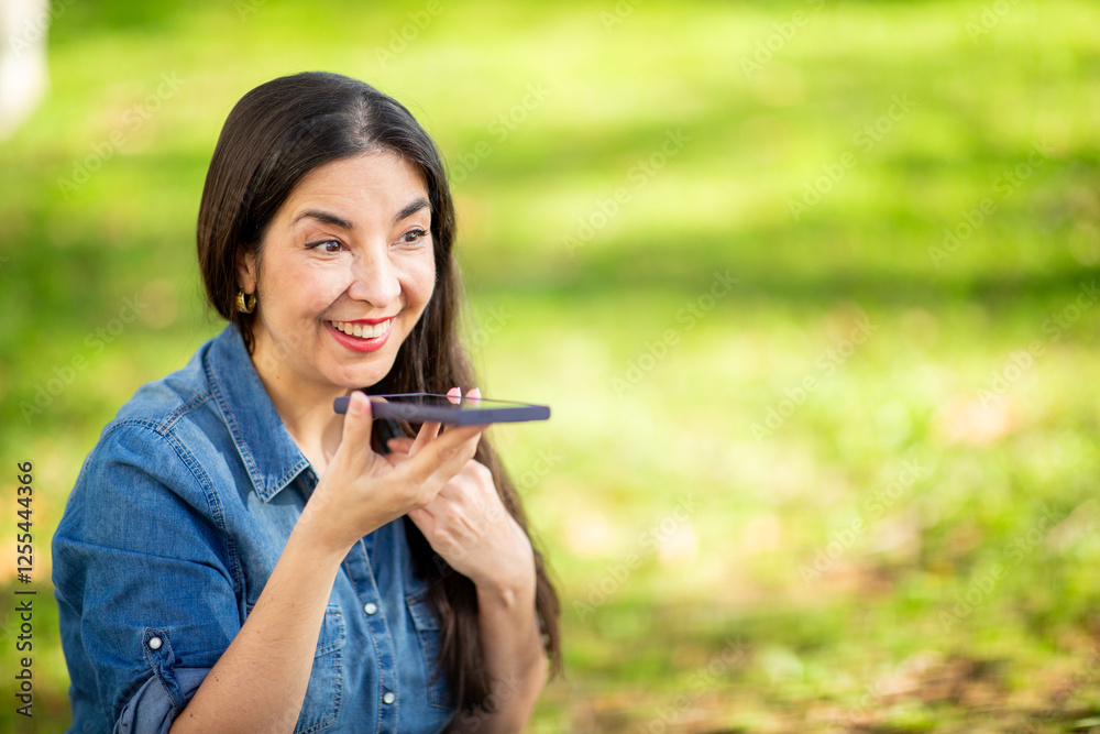 Woman wearing a denim shirt and jeans recording a voice message on her smart phone in a park Woman wearing a denim shirt and jeans recording a voice message on her smart phone in a park