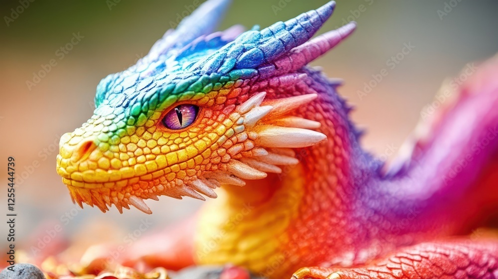 Obraz premium Rainbow dragon figurine, outdoors, autumn leaves, fantasy art