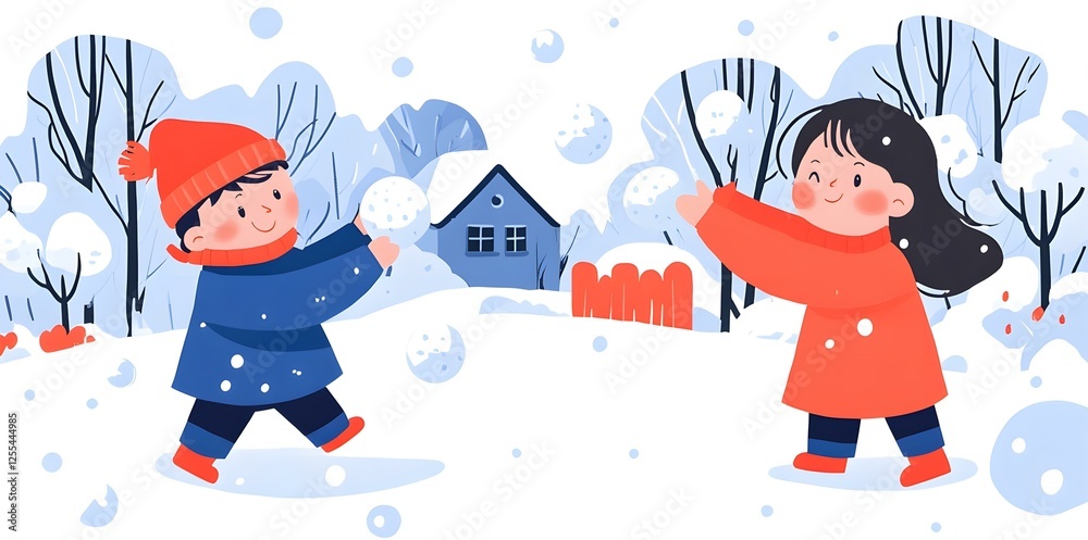 Naklejka premium Two children are having a snowball fight in the snow.