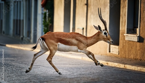An antilope running in the city 