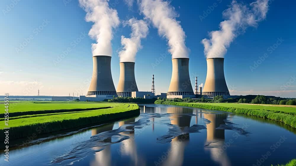 Cooling Towers Emitting Steam at Nuclear Power Plant with Clear Blue Sky and Green Landscape Reflected in Water
Cooling Towers Emitting Steam at Nuclear Power Plant with Clear Blue Sky and Green Landscape Reflected in Water