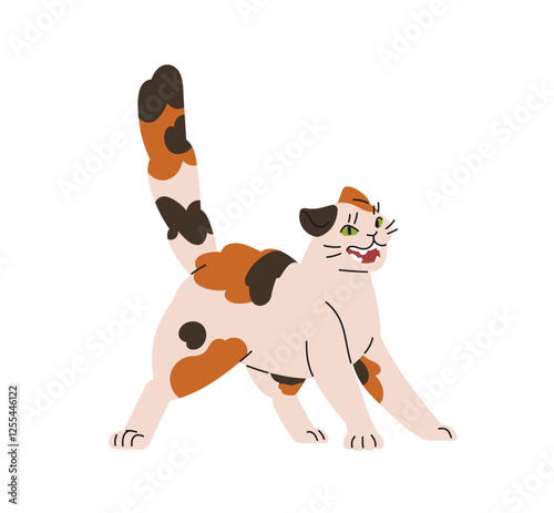 Angry cat is in pose with tail up, hisses with anger. Furious kitten grins, feels rage. Behavior of frightened, mad pet, crazy domestic animal. Flat isolated vector illustration on white background