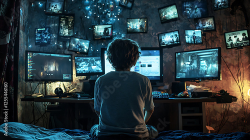 teenager engaged in online safety training, surrounded by multiple screens and cozy atmosphere