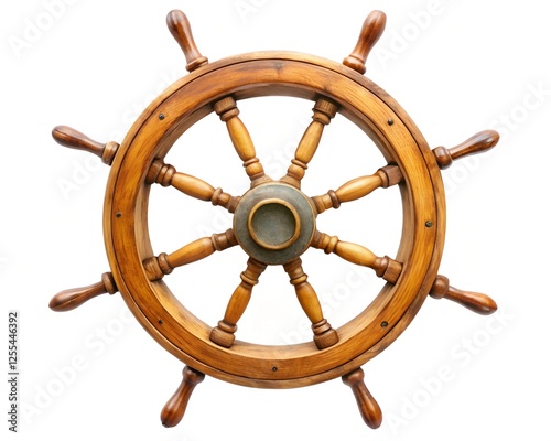 Large Old ship wooden steering wheel rudder isolated on white background
