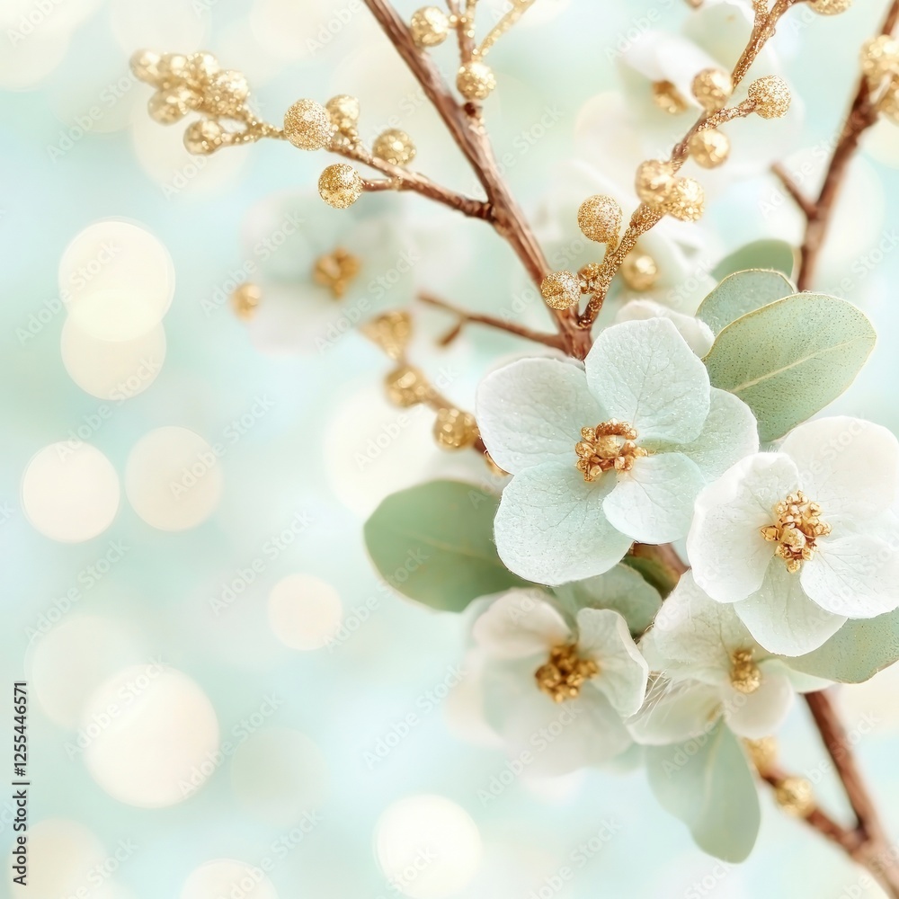 Fototapeta premium Delicate White and Gold Flowers on Branch with Soft Blue Bokeh Background