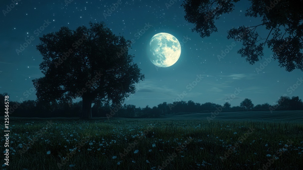 Moonlit field, lone tree, starry night, tranquil landscape, nature scene Moonlit field, lone tree, starry night, tranquil landscape, nature scene