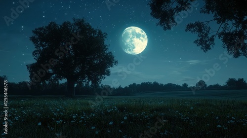 Moonlit field, lone tree, starry night, tranquil landscape, nature scene