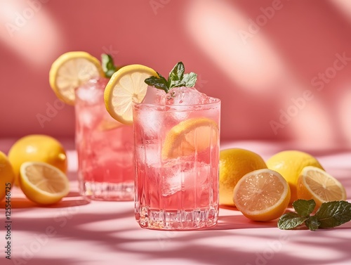 Refreshing pink lemonade with lemon slice and mint on pink background in bright sunlight
