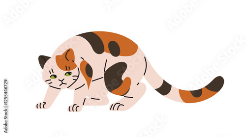 Cute frightened cat with tail between legs. Scared, stressed kitten behavior. Sad kitty is offended, confused, punished. Pets' body language. Flat isolated vector illustration on white background