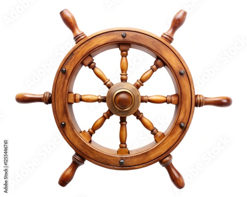 Large Old ship wooden steering wheel rudder isolated on white background
