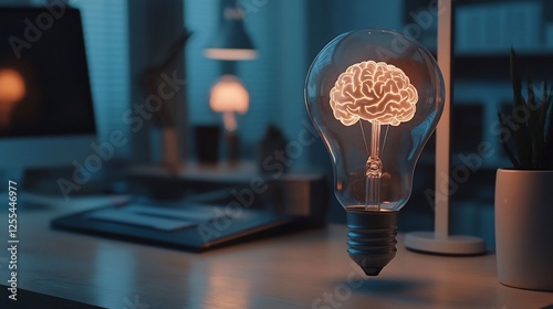 Illuminated Brain in a Lightbulb Symbolizing Ideas and Innovation at a Desk