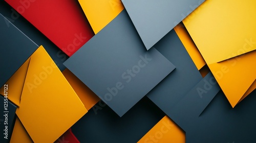 Abstract geometric composition with overlapping grey yellow and red shapes creating a three dimensional effect