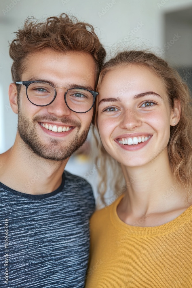 Close up portrait of a cheerful young couple smiling and enjoying time together in a cozy home setting