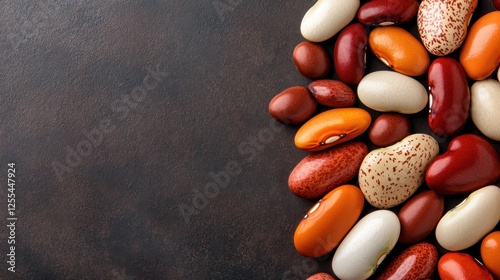 An assortment of colorful beans beautifully arranged against a dark surface, highlighting their unique shapes, colors, and textures, celebrating culinary diversity. photo