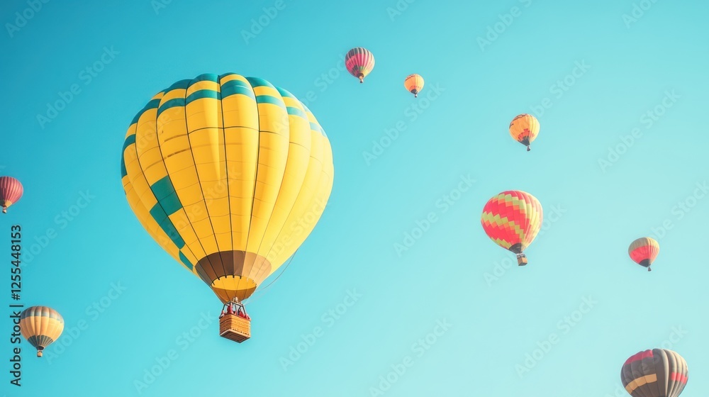 Obraz premium yellow hot air balloons floating in a clear blue sky. Travel and vacation concept with copy space, a banner for advertising or text.