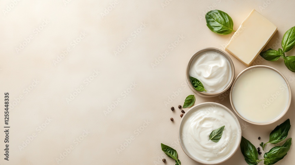 An artistic arrangement of creamy dishes with fresh herbs and spices, emphasizing the beauty of dairy products and their versatility in cooking and culinary presentation. An artistic arrangement of creamy dishes with fresh herbs and spices, emphasizing the beauty of dairy products and their versatility in cooking and culinary presentation.