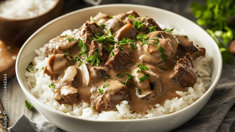 Beef stroganoff with white rice and parsley in a bowl. Emphasizing rich and savory nature, ideal for comfort food recipes and hearty meals with a satisfying presentation. Beef stroganoff with white rice and parsley in a bowl. Emphasizing rich and savory nature, ideal for comfort food recipes and hearty meals with a satisfying presentation.