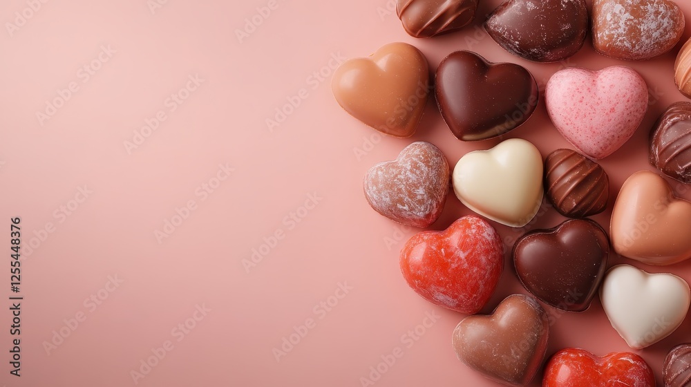 A delightful spread of assorted heart-shaped chocolates arranged attractively on a soft backdrop, emphasizing the themes of love and sweetness, perfect for confectionery or gift ideas. A delightful spread of assorted heart-shaped chocolates arranged attractively on a soft backdrop, emphasizing the themes of love and sweetness, perfect for confectionery or gift ideas.