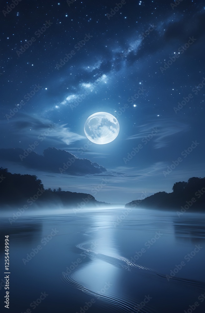 Fototapeta premium Enchanting Moonlit Clouds and Starlit River Creating a Tranquil Nightscape Wallpaper