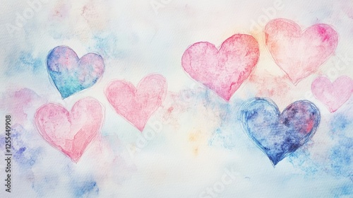 Watercolor hand-drawn hearts in soft pastel shades on a light textured background, dreamy and artistic composition