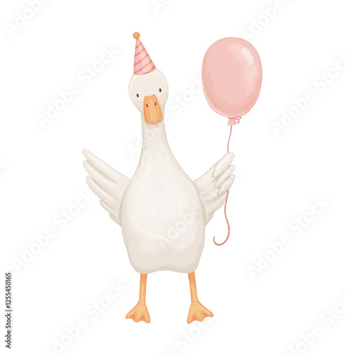 Cute baby goose with balloon, funny character, watercolor isolated illustration for kids