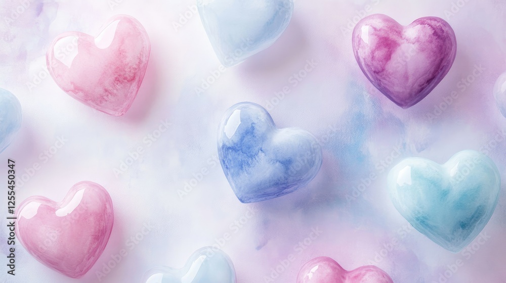 Obraz premium Watercolor hearts in soft pink, blue, and lavender hues on a light background, romantic and serene visual