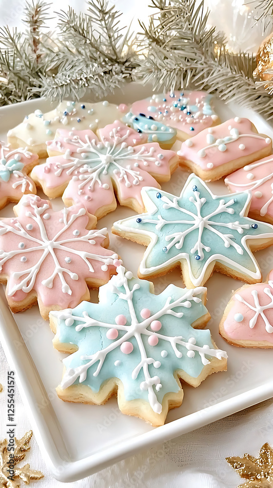 Delightful sugar cookies shaped like snowflakes, decorated in pastel colors, perfect for winter celebrations Delightful sugar cookies shaped like snowflakes, decorated in pastel colors, perfect for winter celebrations