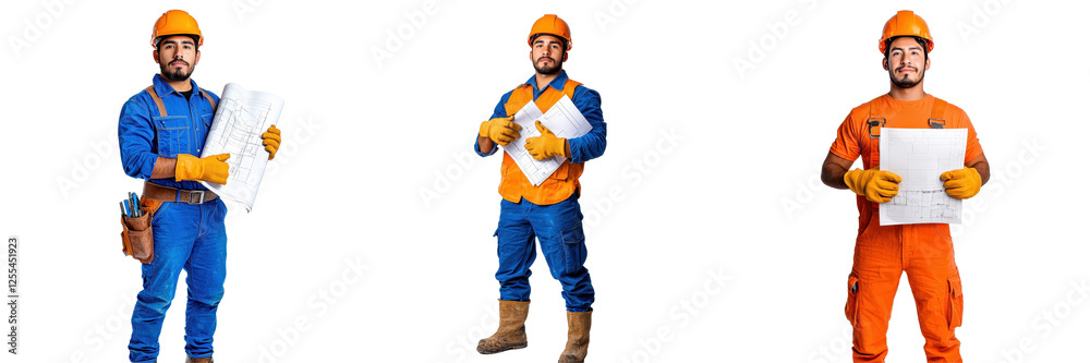 Construction Worker in Blue, Orange, and Safety Attire Holding Blueprints and Plans Construction Worker in Blue, Orange, and Safety Attire Holding Blueprints and Plans