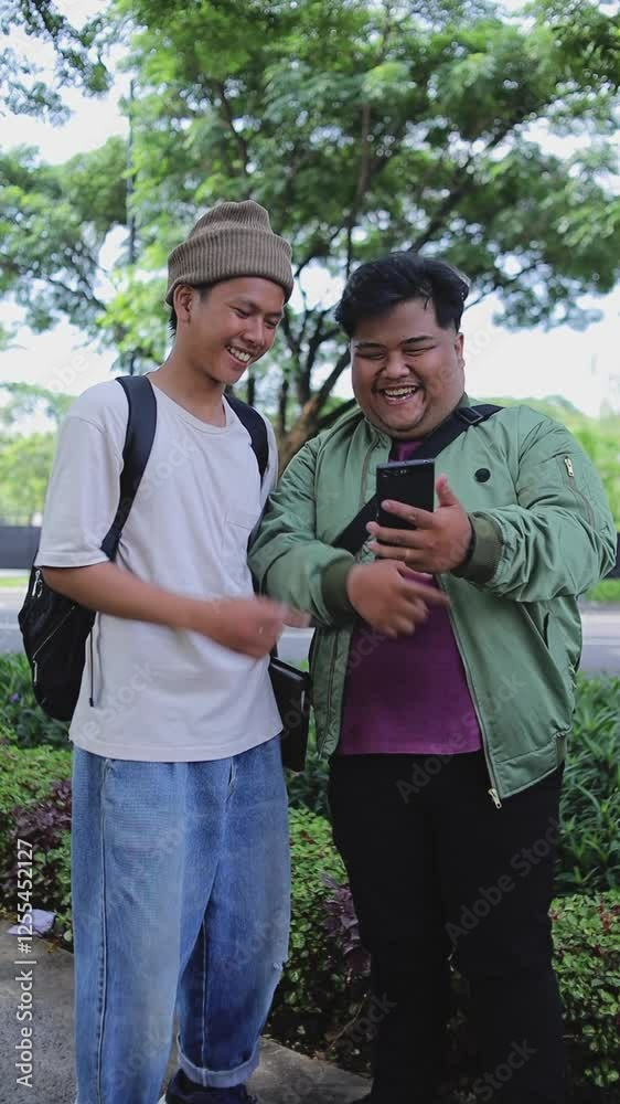 Vertical Video Of Two Male Asian College Students Using Smartphone Together While Standing In The Park Vertical Video Of Two Male Asian College Students Using Smartphone Together While Standing In The Park