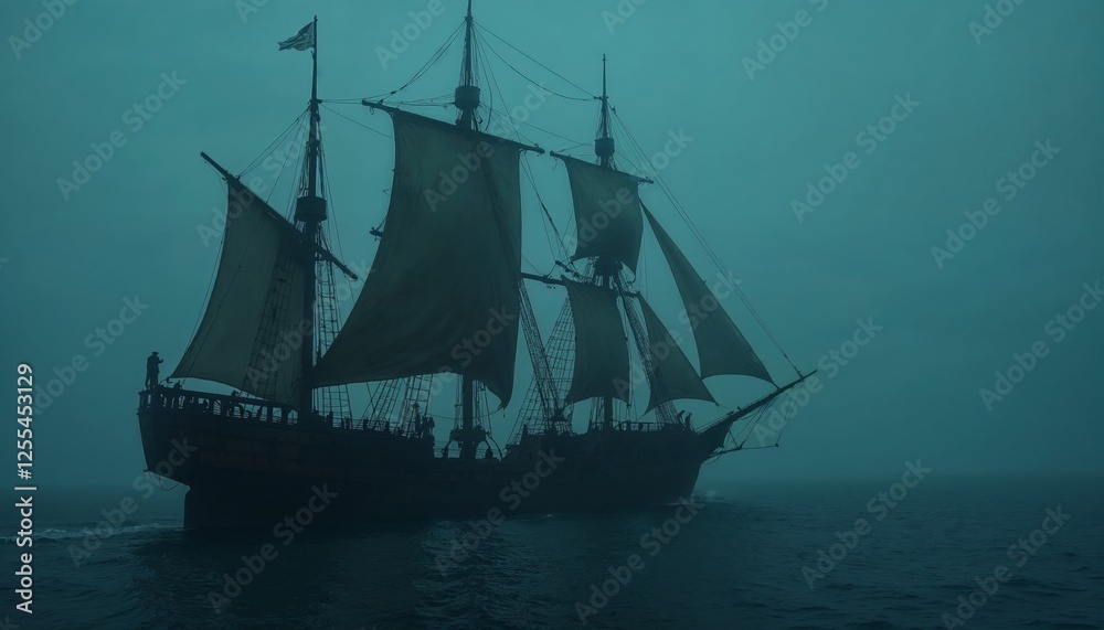 Fototapeta premium Spectral Sailing, A Tall Ship Navigating Through Ominous Misty Waters