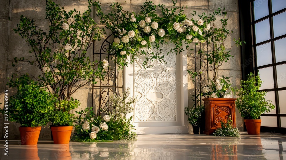 Naklejka premium Elegant White Floral Wedding Arch in a Rustic Room