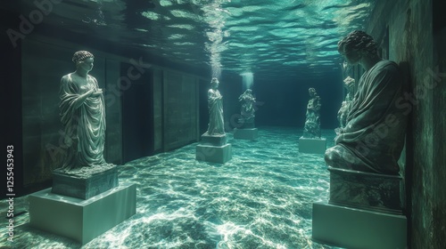 A diver inspecting an ancient sculpture that has become part of a submerged museum 