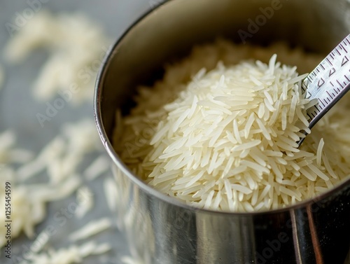 A close-up of basmati rice being measured with a cup. Featuring uncooked basmati rice grains. Highlighting the preparation process. Ideal for cooking tutorials and recipe books.